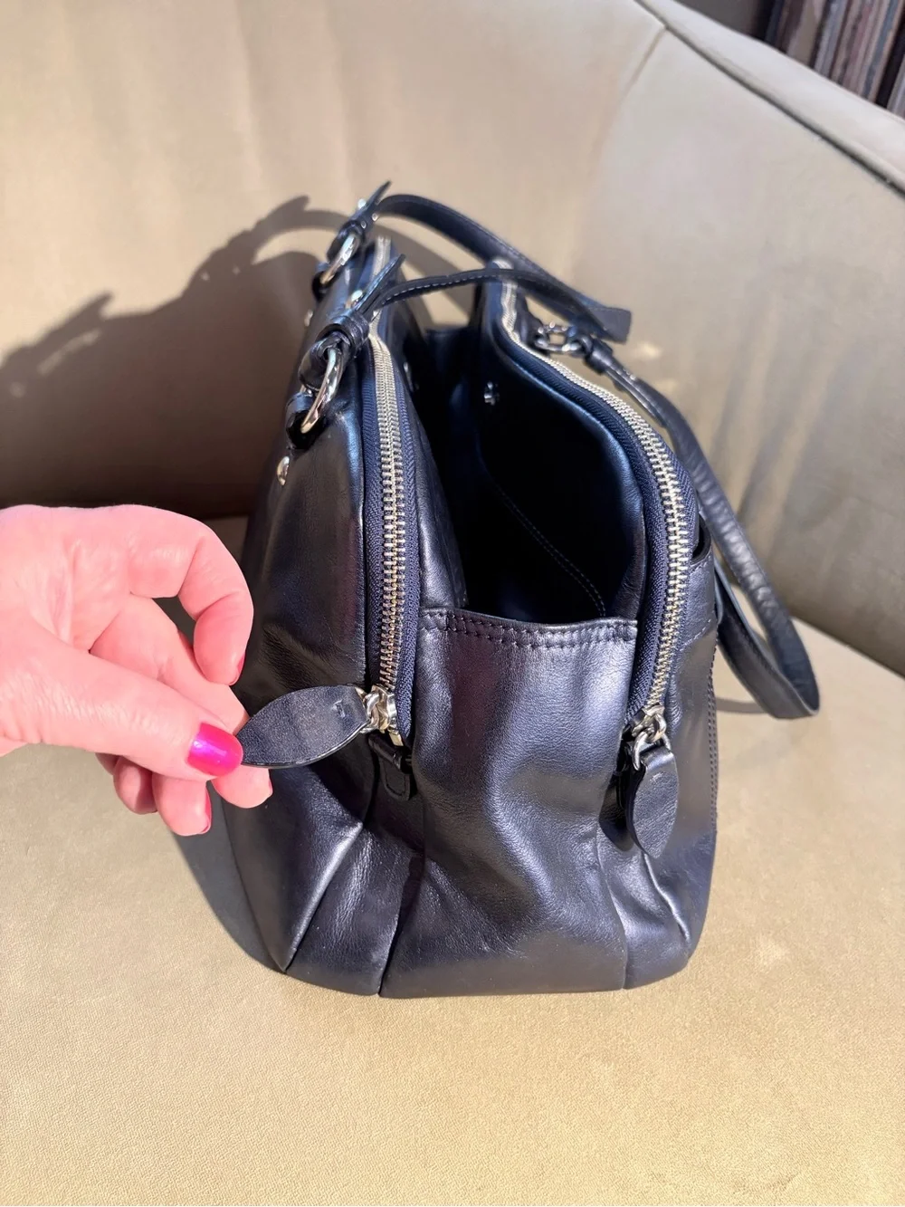 Coach Dark Navy Pearlescent Leather Double-Zip Shoulder Bag with Turn-Lock